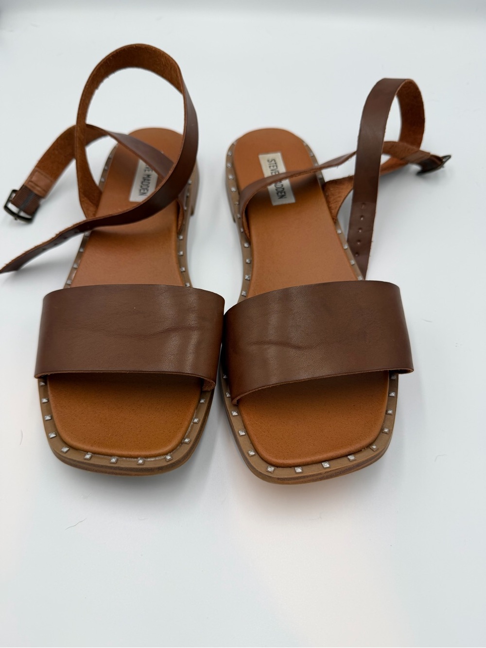 Steve Madden Brown Leather Square-Toe Studded Ankle-Strap Sandals